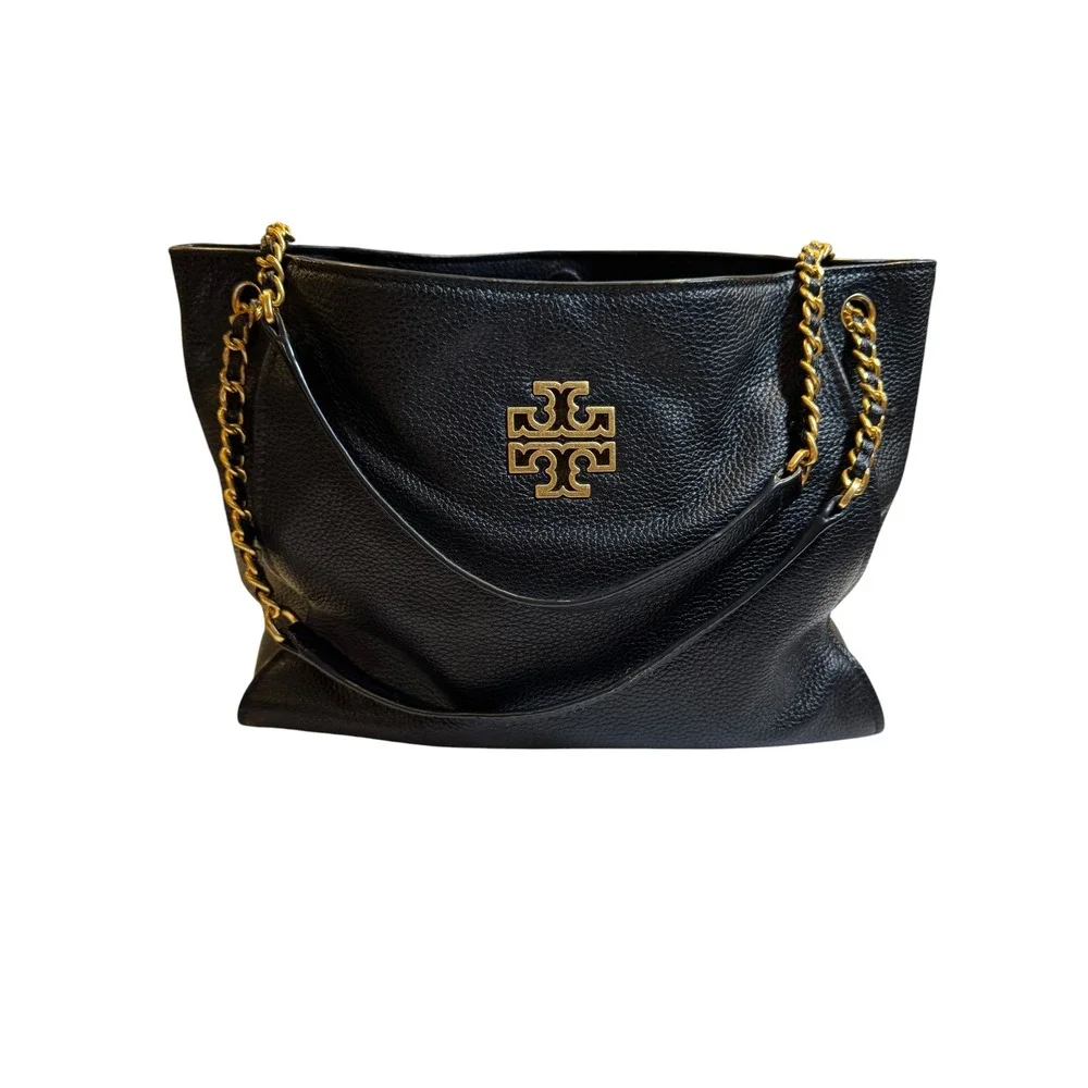 Tory Burch Britten Combo Tote Black Pebbled Leather Gold Chain Shoulder Bag
